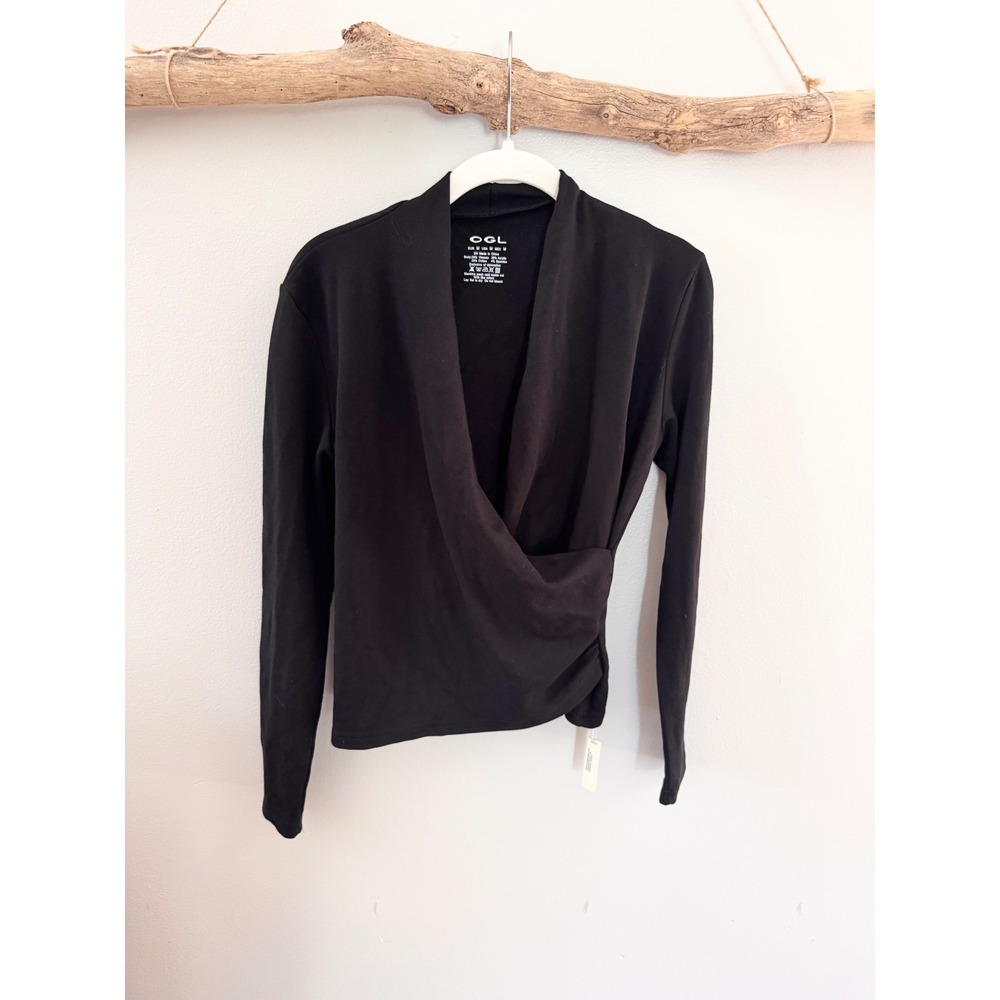 OGL Black Long Sleeve Wrap Top Draped Surplice Neckline Size Medium NWT